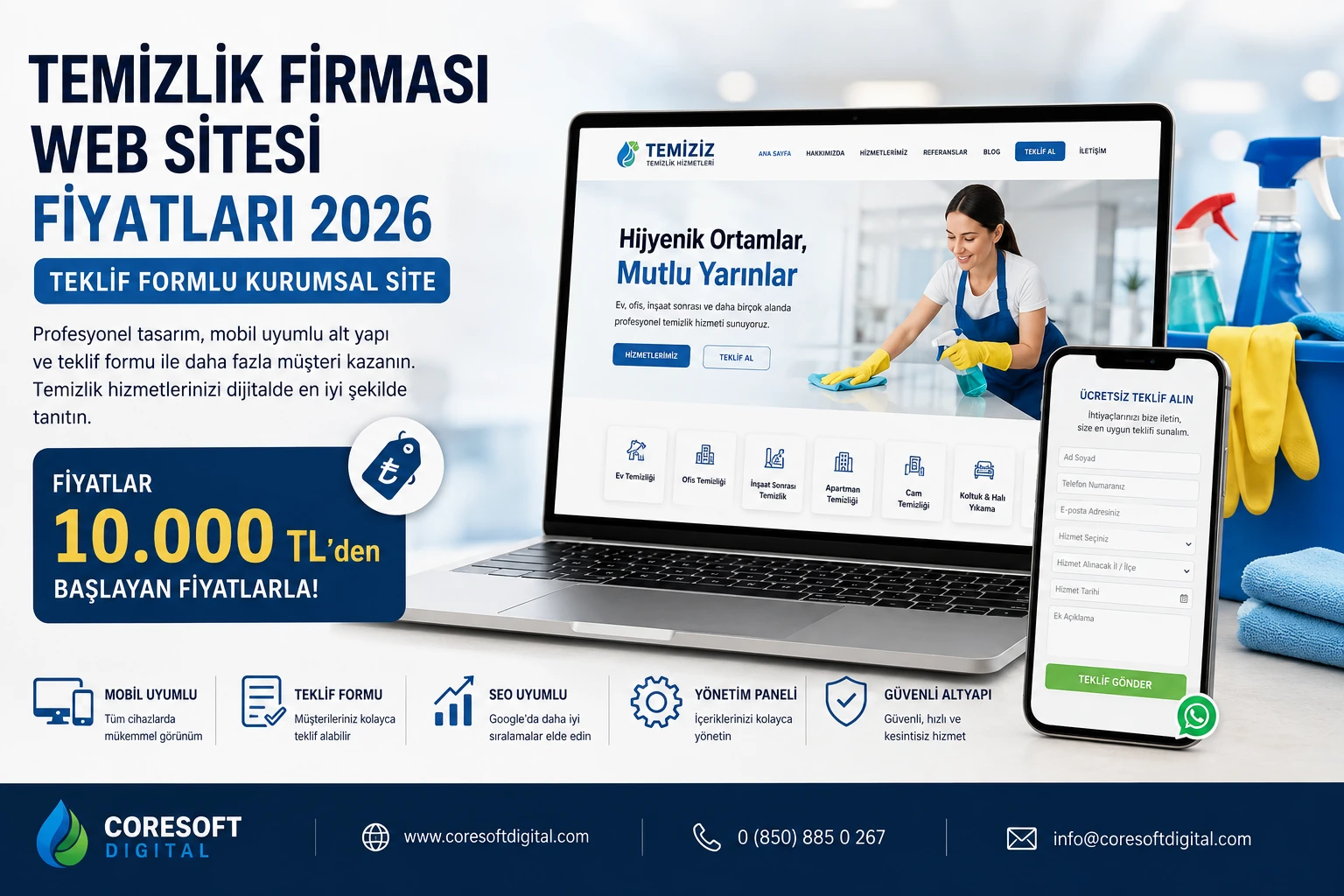 Temizlik Firması Web Sitesi Fiyatları 2026: Teklif Formlu Kurumsal Site
