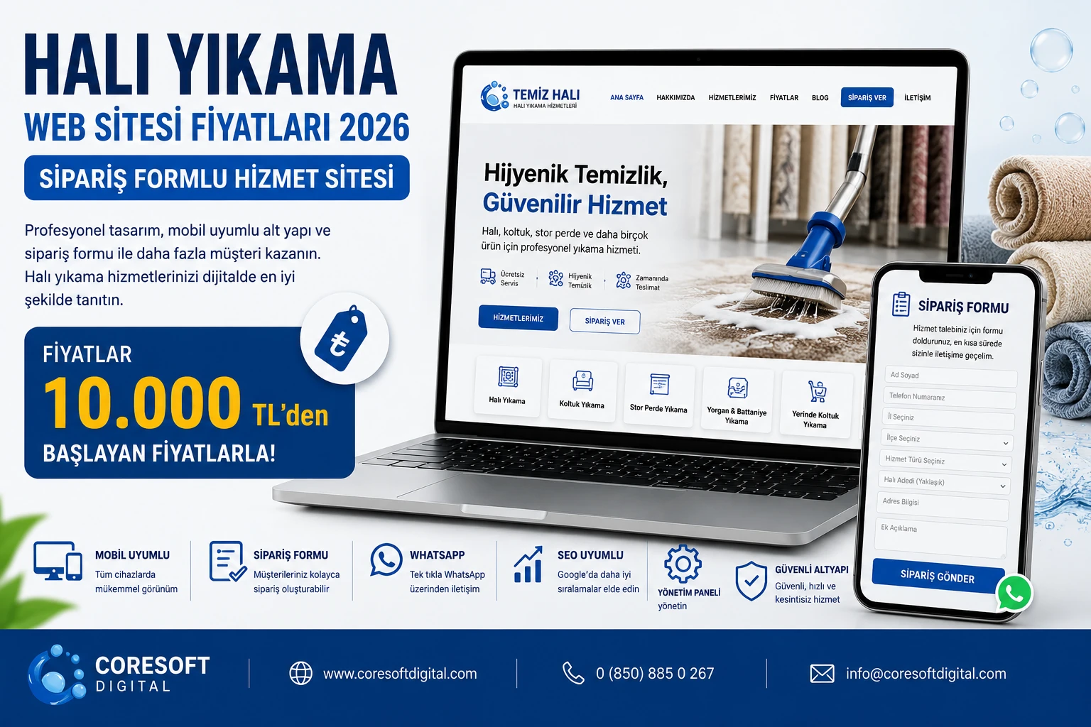 Halı Yıkama Web Sitesi Fiyatları 2026: Sipariş Formlu Hizmet Sitesi